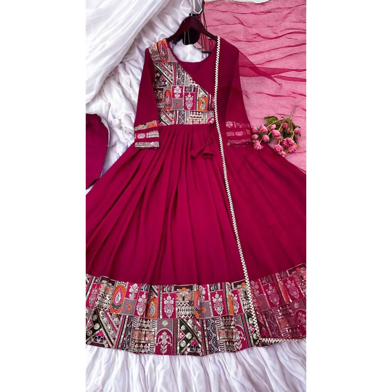 strapless open back dress Festive Red Geogette Anarkali Suit Set With Gotapatti Lace Border –  Byutify.in main image 1