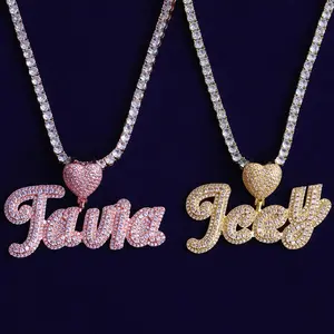 Hip-hop letter + heart-shaped clasp necklace pendant with cubic zirconia, high-end jewelry