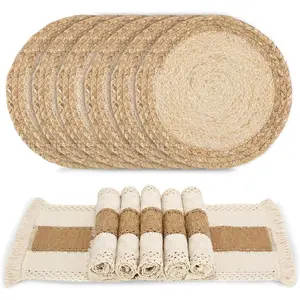 Handmade Bohemian Placemats 6-Piece Set - Natural Cotton Linen and Rice Straw Woven Combination Table Mats, Lace Decoration and Farmhouse Style Placemats, Suitable for Dining Table Kitchen
