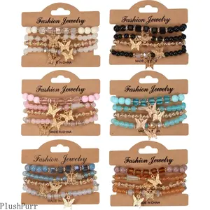 Unisex 4-Piece Bohemian Multi-Layer Butterfly Bracelet Set, Handmade Glass Beads Matching Bracelets with Artificial Crystal Diamonds & Pendant, 18cm Daily Wear Boho Jewelry for Sports & Outdoor Premier League Fan Shop, Bracelet With Pendant outdoorfun