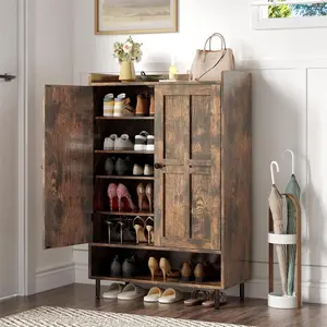 ONBRILL Shoe Storage Cabinet with Cross Molding Doors, 6-Tier Farmhouse Shoe Cabinet with 3 Adjustable Shelves and Metal Legs, 45'' Tall Shoes Rack Organizer Cabinet for Entryway, Front Door, Rustic Brown