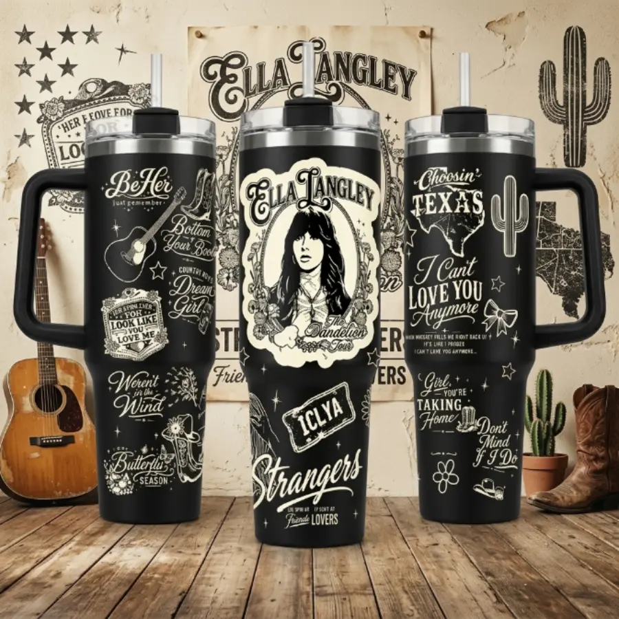 Ella Dandelion Tour Tumbler 30oz 40oz with Handle, Black Cream Country Music Fan Cup, Song Quote Collage Western Concert Travel Mug Gift, Straw Not Included