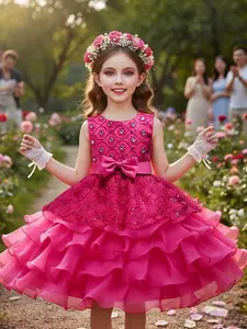 Wedding Flower Girl Floral Pattern Dress, Mid-Waist Bow Design, Sequined Mesh Puffy Skirt, Perfect for Weddings, Birthday Parties, Special Occasions