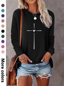 women's heart & cross print round neck tee, casual long sleeve crew neck t-shirt for spring & fall, fashion women's top for daily wear