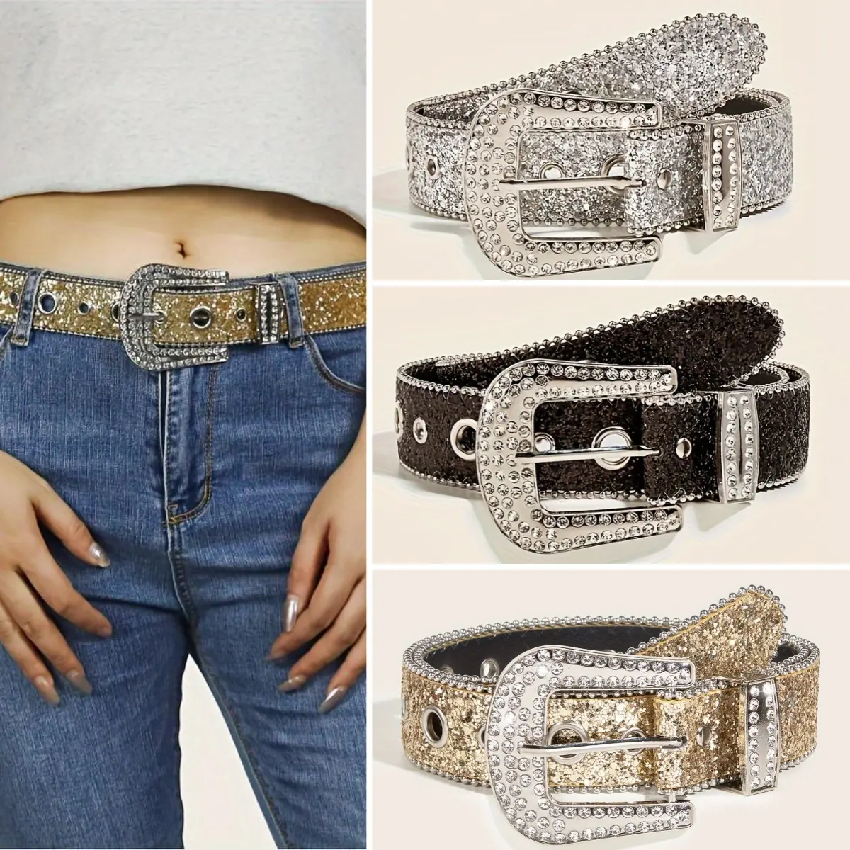 Cross-border rhinestone belt for women, ins-style wide waist belt, fashionable and unique sequin European and American decorative versatile jeans belt Cross-border rhinestone belt for women, ins-style wide waist belt, fashionable and unique sequin European and American decorative versatile jeans belt