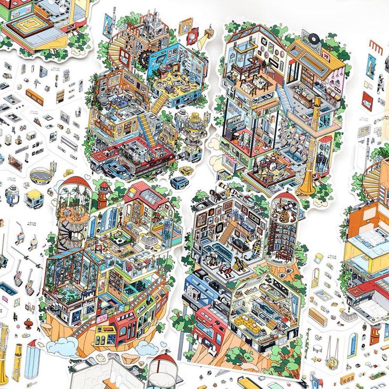 12 oversized scene stickers, fun scene themes, vintage style, PET white card dual materials, self adhesive, DIY journal decoration scrapbook notebook material sticker pack