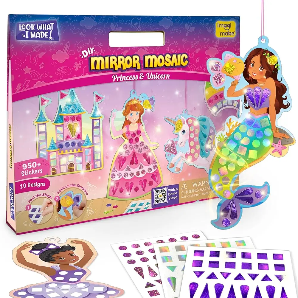 Imagimake Mirror Mosaic Art Set | Princess & Unicorn Craft Kit for Kids | DIY Stickers & Travel Toys