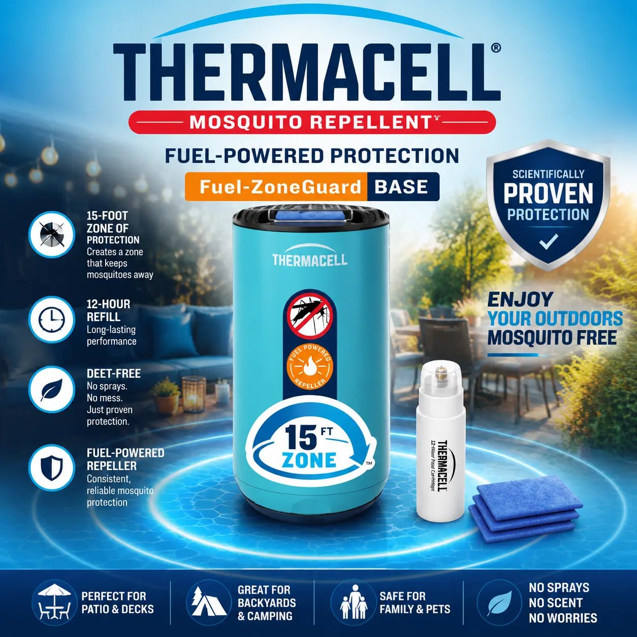 Thermacell Fuel-ZoneGuard Base Fuel-Powered Mosquito Repeller, 15-ft Scientifically Proven Outdoor Protection Zone, Patio Shield, 12-Hr Refill, DEET-Free Bug Spray Alternative, Glacial Blue
