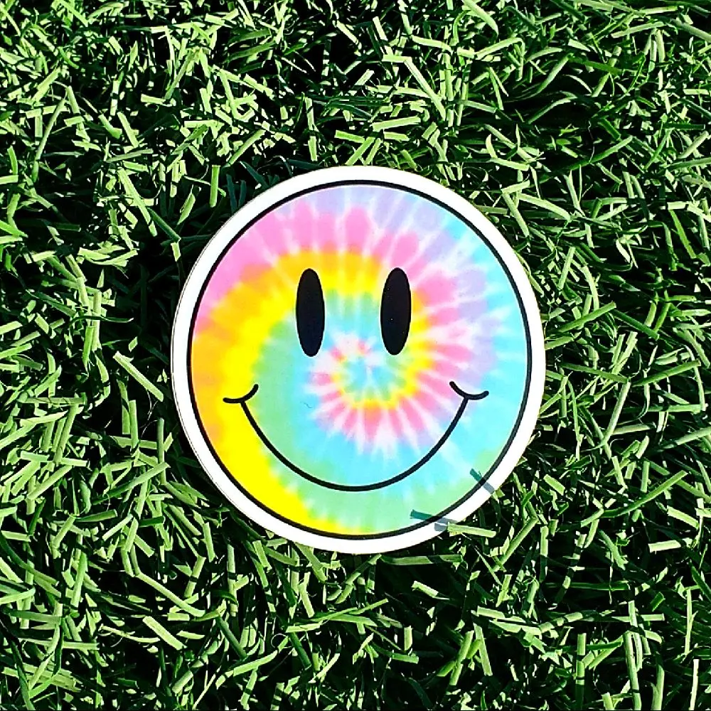 Colorful Hippie Smiley Face Sticker with Vibrant Tie-Dye Design for Fun and Expressive Use, stickers