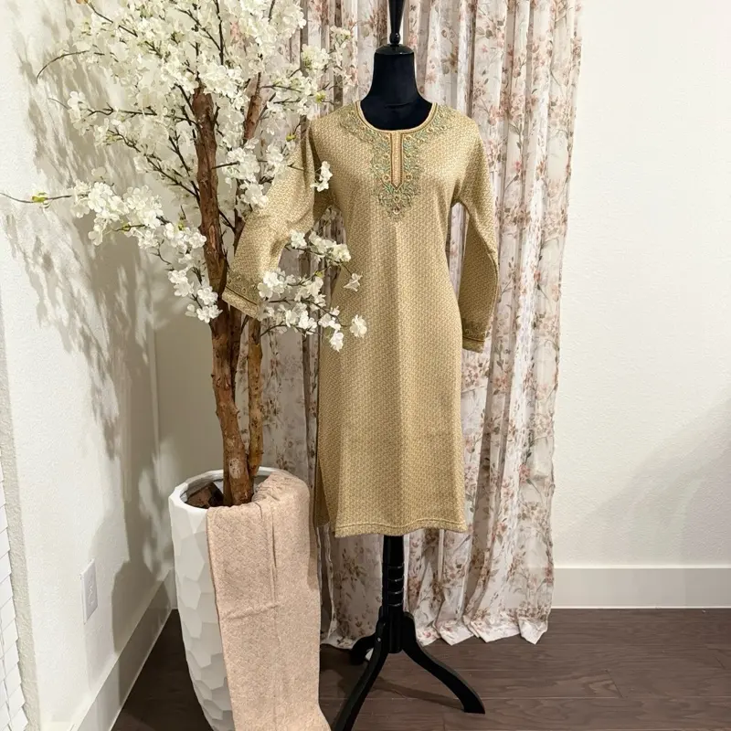Woolen Kurtha Set - Beige Color Traditional Apparel with Embroidered Detailing