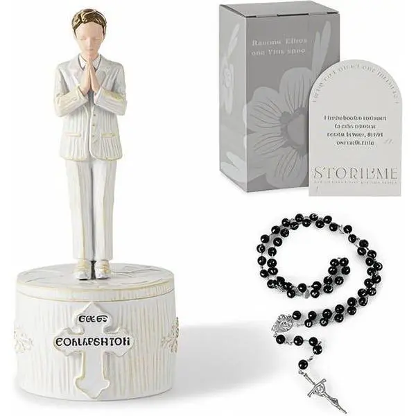 Engraved Religious Keepsake Box with Hand Decor & Rosary Figurine - Christian Confirmation Gift for Teen Boys - Catholic Baptism Favor, Reusable Souvenir Box with Bracelet Holder