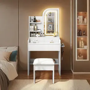Fashion Small Makeup Vanity Desk with Mirror and Lights, Mini Vanity with Stool, Charging Station, 3 Drawers, 3 Storage Shelves, Dressing Table Set for Women's Bedroom, Dressing Room, White