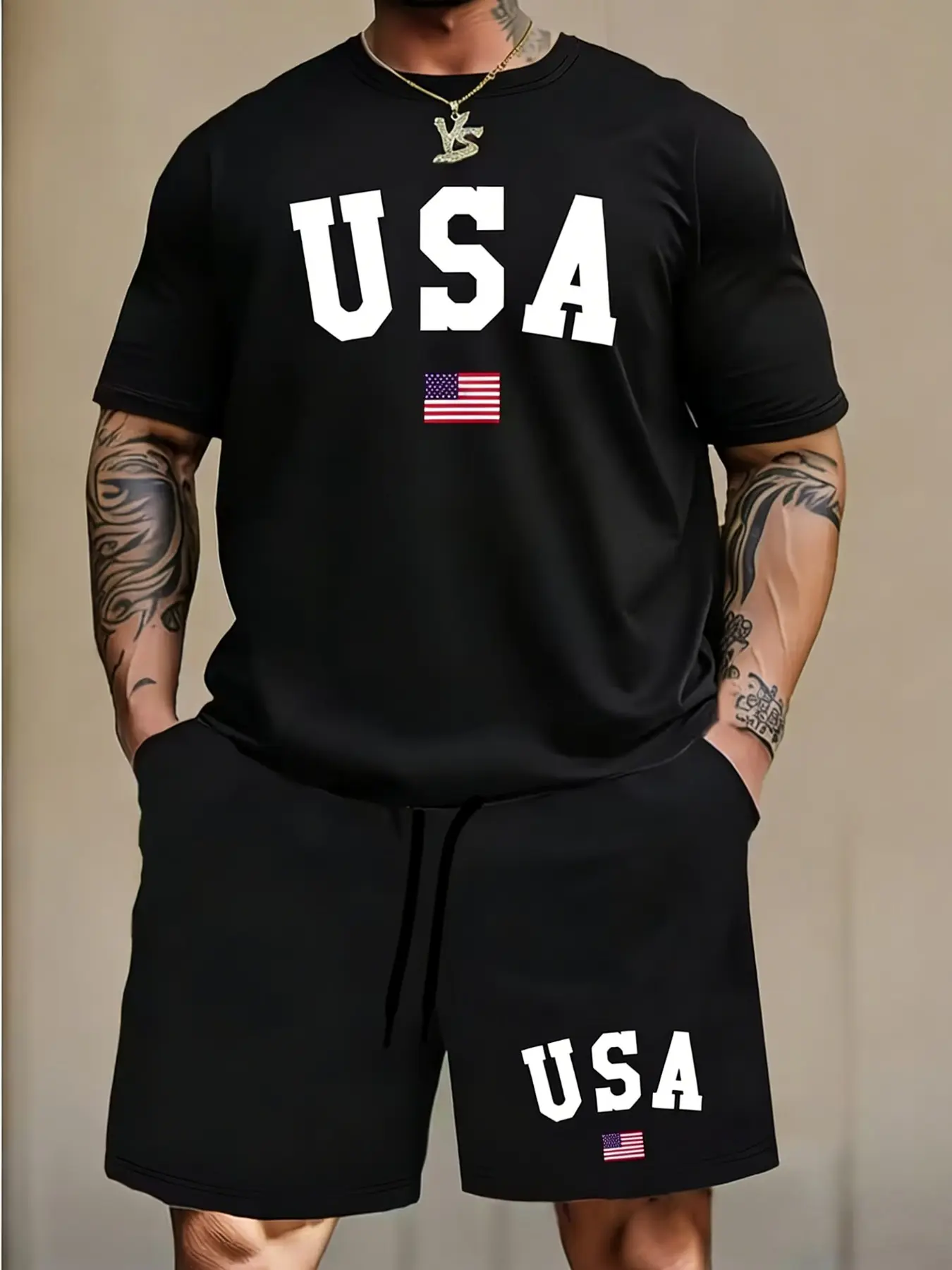 Men's Flag Print Short Sleeve T-Shirt & Shorts Set, Summer Sports, Comfortable Breathable Fabric, Outdoor Fashion, Casual Style, 2 Piece Set