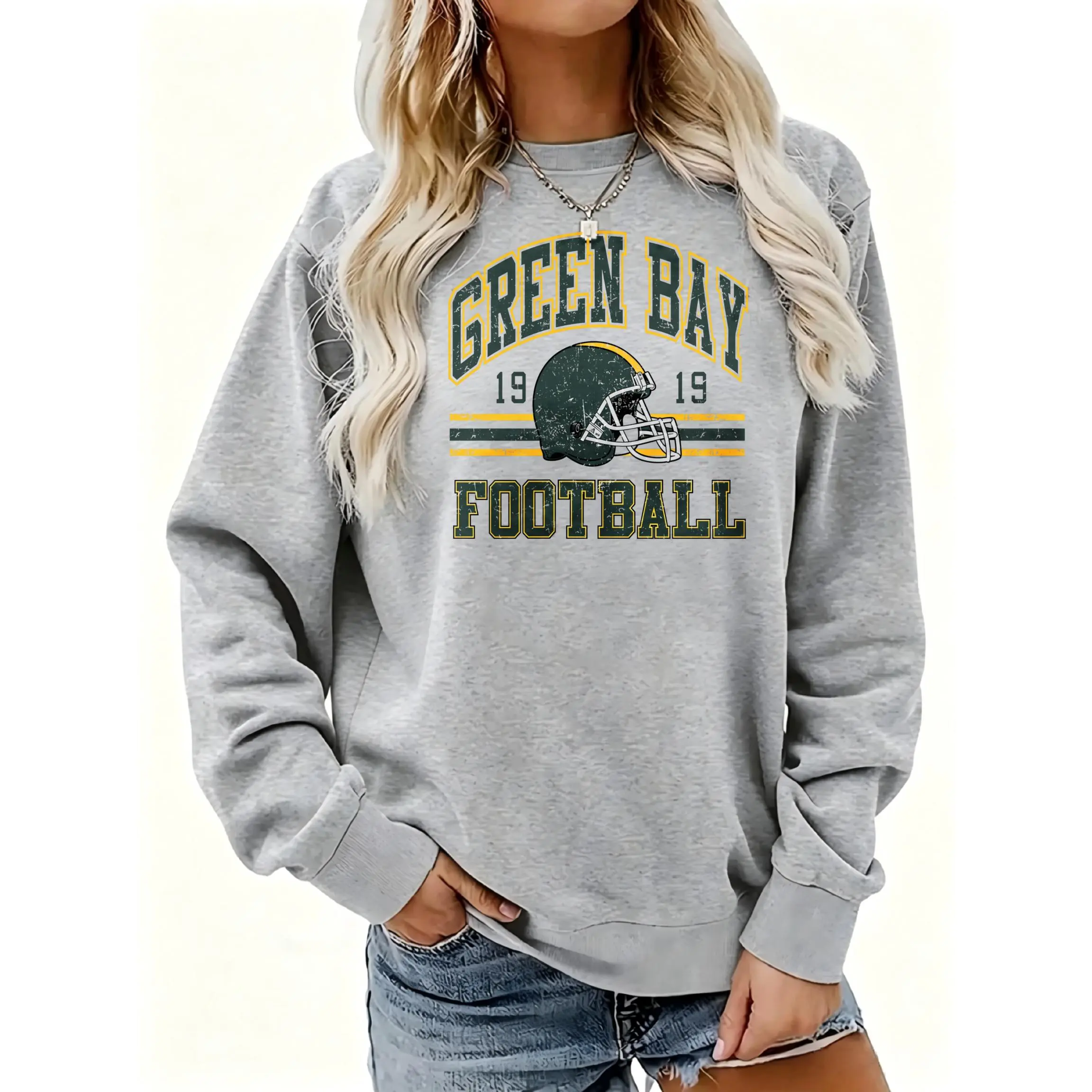 Women's Green Bay Football Helmet Print Crewneck Sweatshirt | Soft Stretchy Long Sleeve Pullover | Cozy Fall Layering Essential For Casual Daily, Office & Streetwear Looks