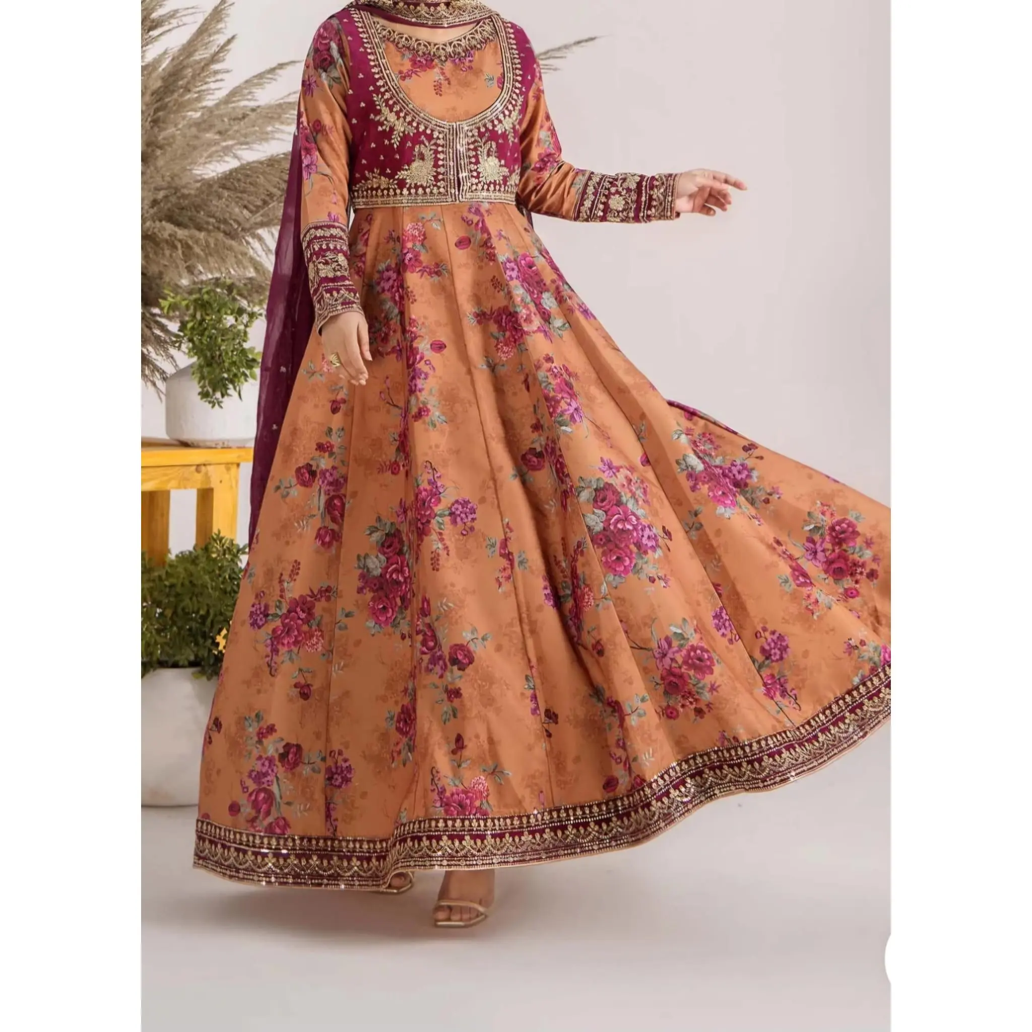 Women's 3-Piece Modest Embroidered Dress Set - Chiffon Fabric Floral Print Long-Sleeve Maxi Dress, Satin Lawn Shirt & Silk Trousers for Festive Wear, 3-Piece Set, Lady, Straight Cut