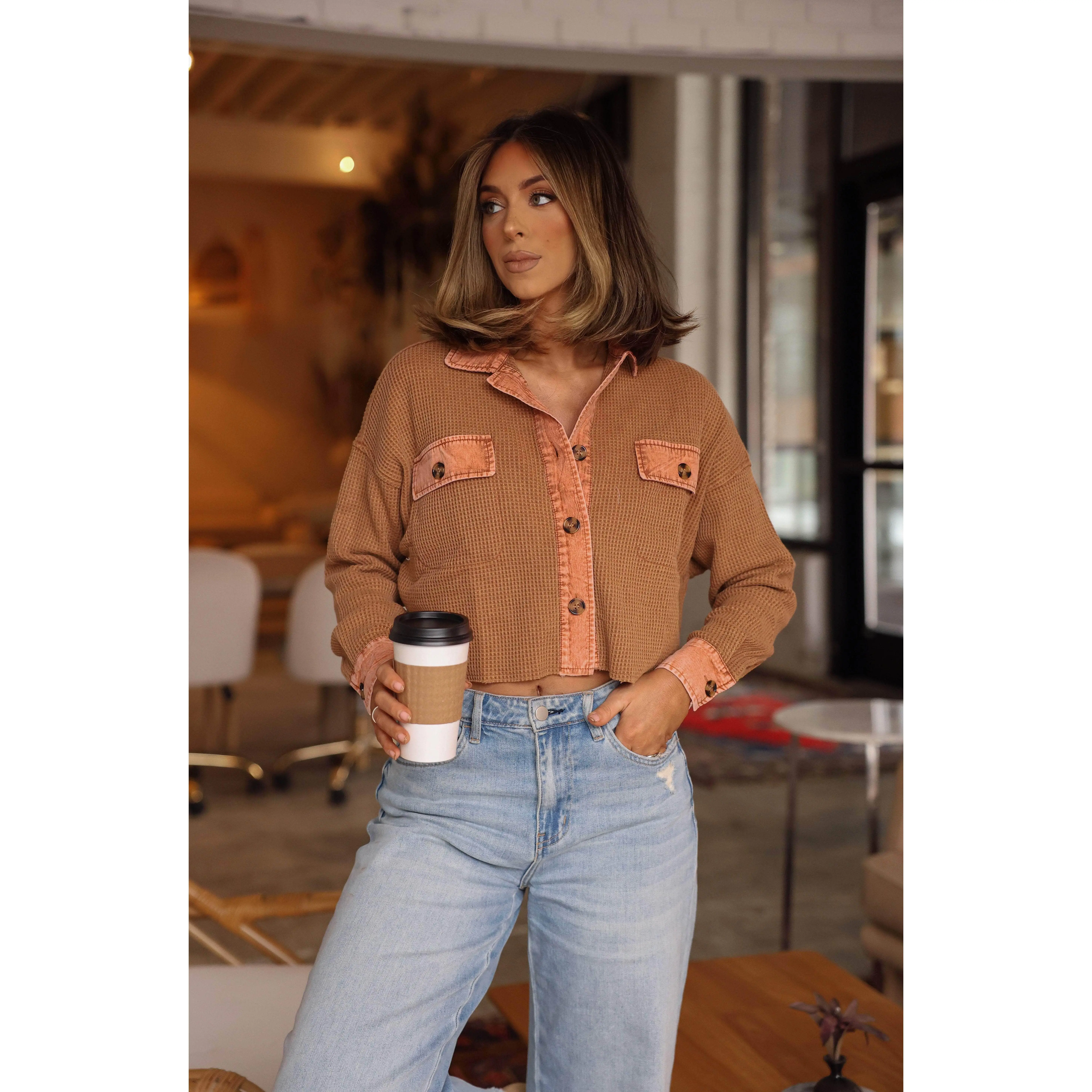 Brown Waffle Knit Shacket