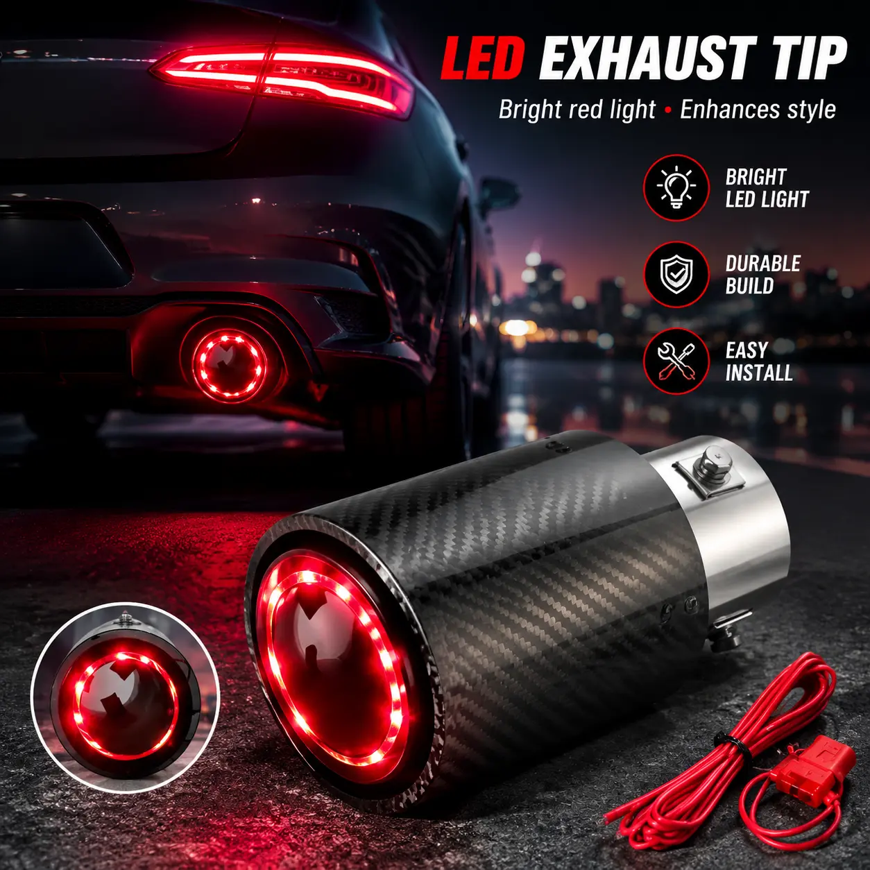 Carbon Fiber LED Straight Car Exhaust Tip, Universal Clamp-On Luminous Muffler Tail Pipe Modification Accessory with Red/Blue LED Lights