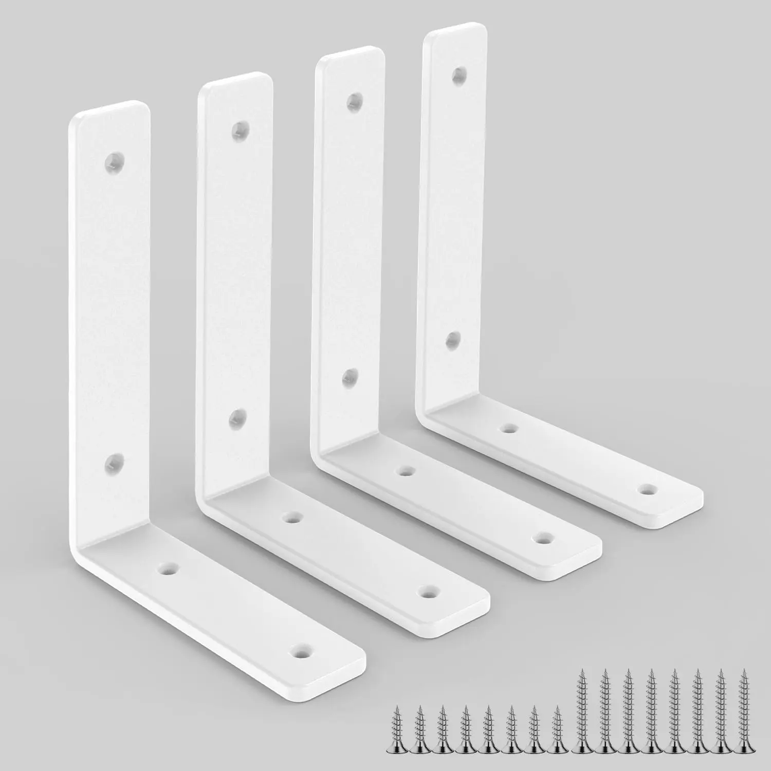 4-Pack 8-Inch White Industrial Steel Heavy-Duty L Shelf Brackets, Extra-Thick Farmhouse Wooden Wall-Mount Home Supplies, Hardware-Included for DIY Open Shelving, Coffee Shop Use