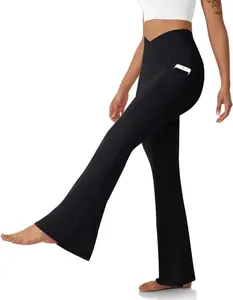 DLOODA Women's Crossover High-Waisted Flare Leggings with Pockets, Tummy Control Bootcut Yoga Pants, Clothing for Women