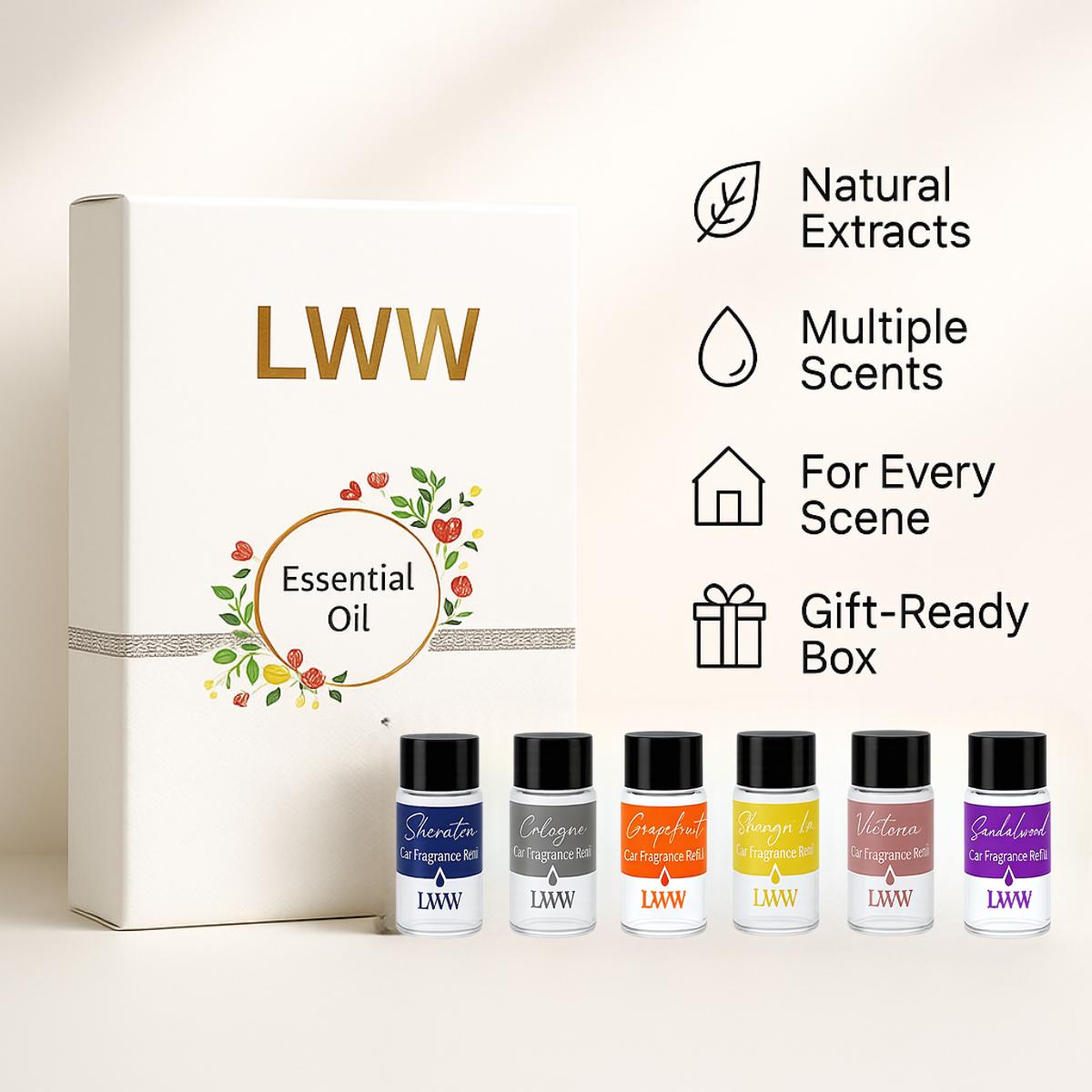 LWW Essential Oil Set 24-Pack 10 mL Each Assorted Scents for Diffuser & Car Freshener Refill Home Office Aroma Fragrance