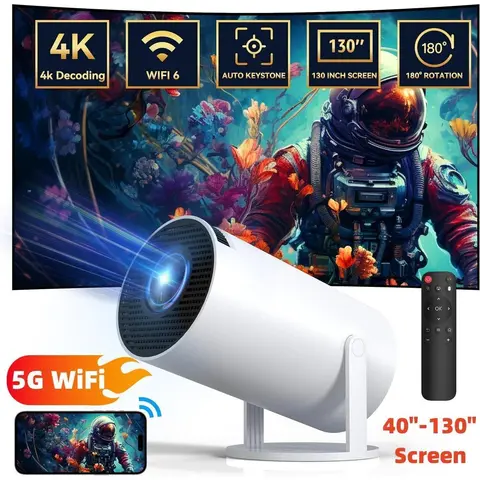 HY300 PRO Portable Mini Projector, 4K, 200 ANSI, Auto Keystone, 2.4/5G WiFi, BT 5.0, 130" Screen, 180° Rotation, Round Design, 10.08 x 10.35 cm, Audio-Enabled, BackToSchool, Guys Gifts, Home Video Projector