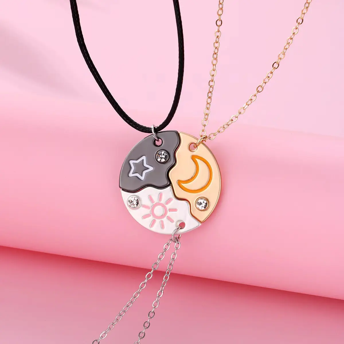 BBF-Star Moon Sun Trio Patchwork Best Friend Alloy 3 Piece Necklace-May our friendship be everlasting-Sister Friendship necklace-A gift for daughter and her best friend