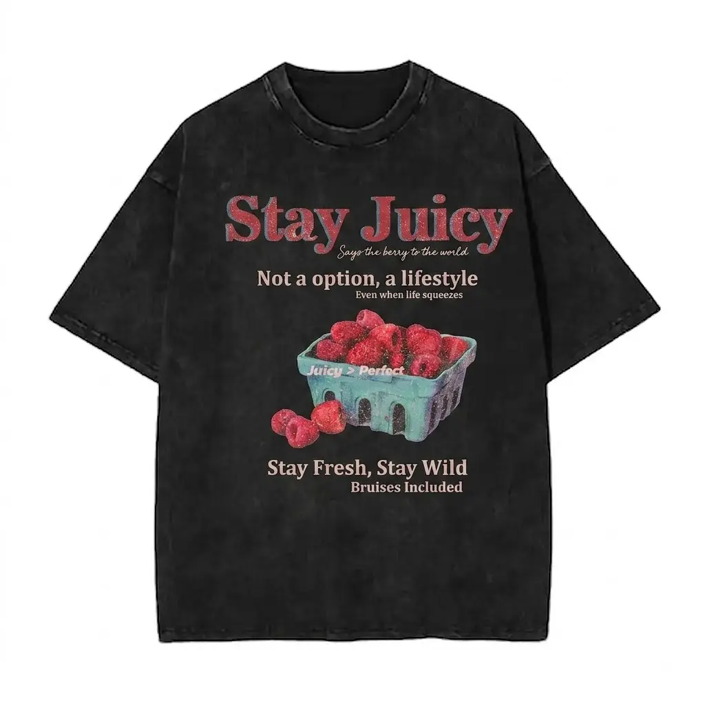 Stay Juicy Berry Graphic T-Shirt Vintage Acid Wash Oversized Indie Aesthetic Tee