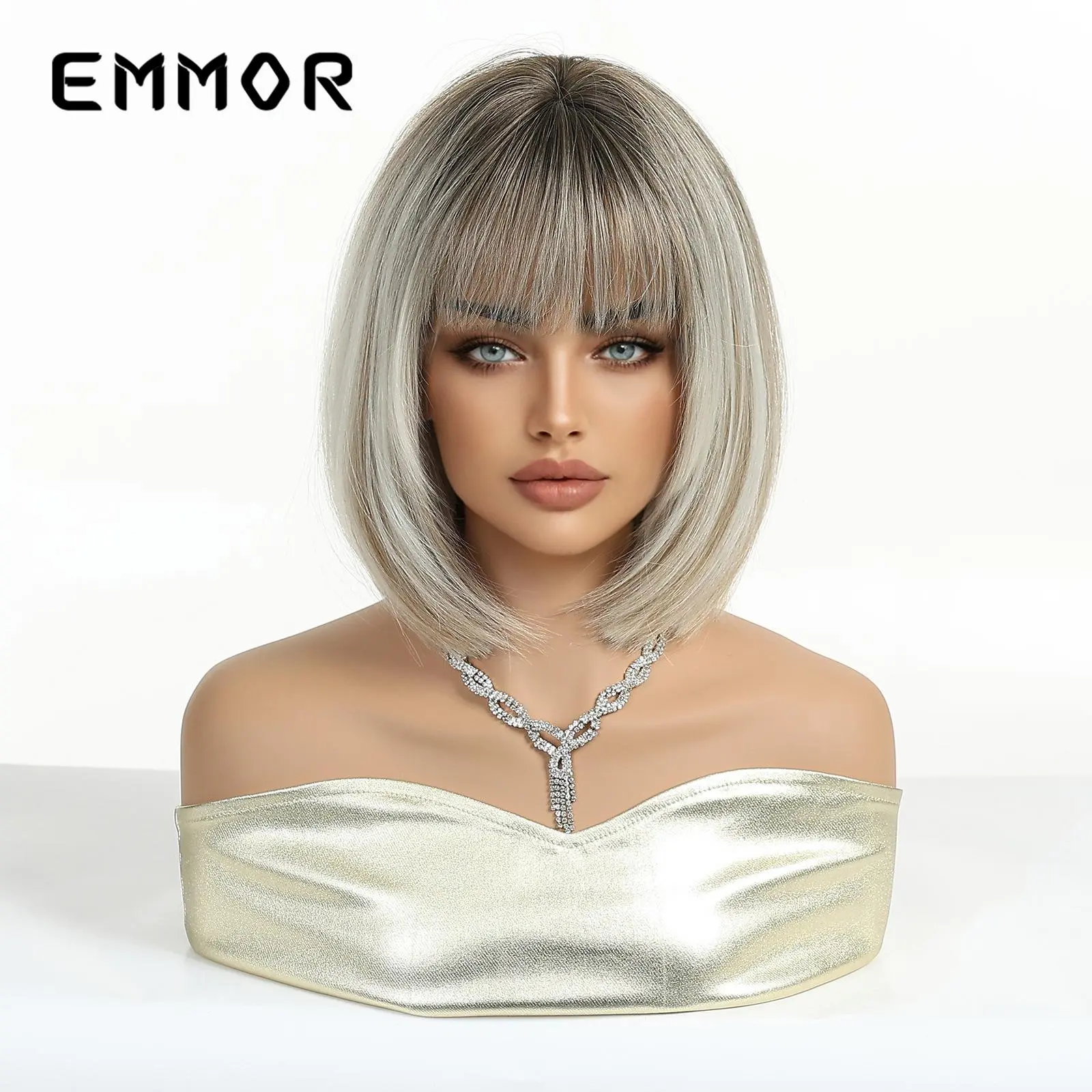 Women's Full Head Synthetic Full Machine Wig - Bangs, Bob Cut, Curved Bob, Fashionable Gradient Gray-White Euro-American Style Short Foreign Trade Hair Accessory, Bang, Short Bob