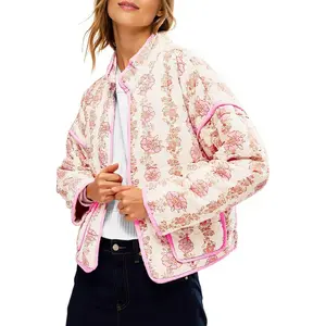 FMEYOA Womens Quilted Lightweight Jackets Floral Print Winter Coats Open Front Cardigan with Pockets