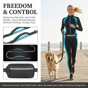 Hands Free Dog Running Leash withAdjustable Waist Belt Dual HandleElastic Bungees Retractable Rope forMedium Or Large Dogs ReflectiveStitches