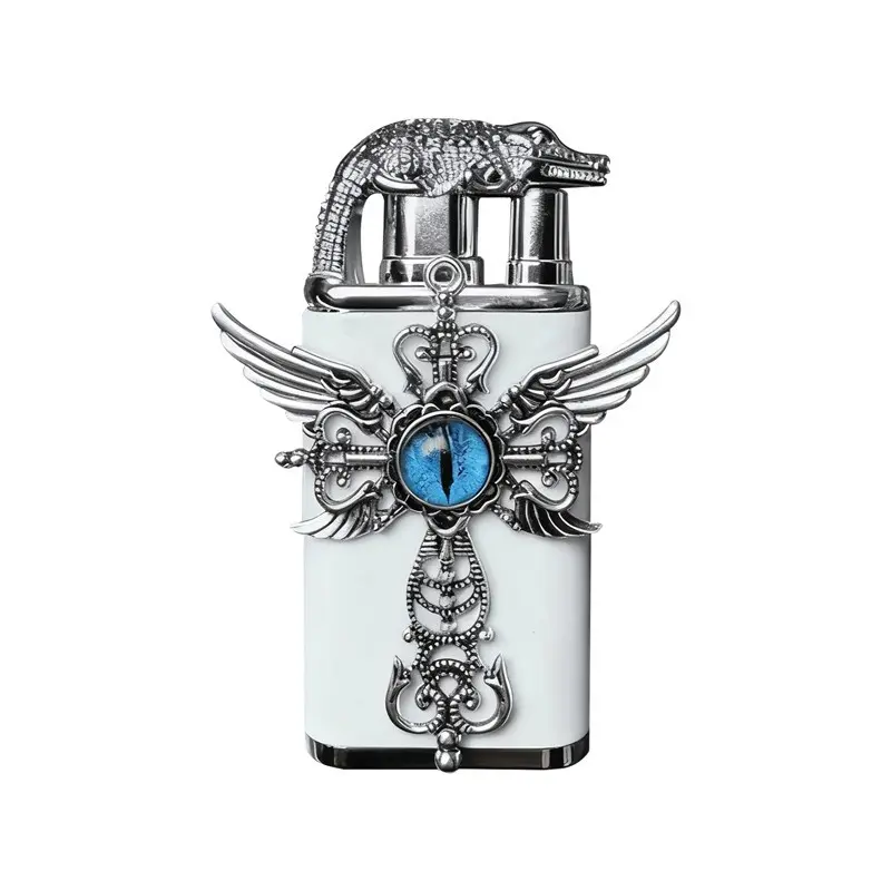Crocodile nozzle double flame lighter with white wings heart-shaped gemstone cross decoration, switchable jet flame & soft flame, windproof refillable butane lighter, retro collectible gift lighter (without butane)