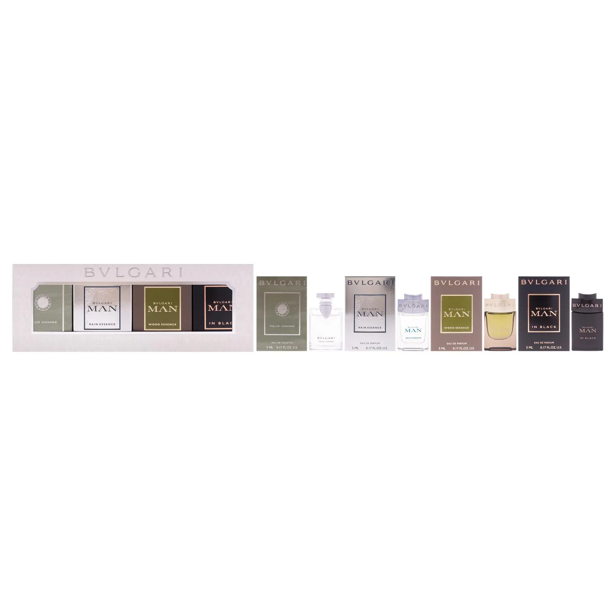 The Mens Gift Collection by Bvlgari for Men - 4 Pc Mini Gift Set 5ml EDT Splash Bvlgari Pour Homme, 5ml EDP Splash Bvlgari Man Rain Essence, 5ml EDP Splash Bvlgari Man Wood Essence, 5ml EDP Splash Bvlgari Man In Black