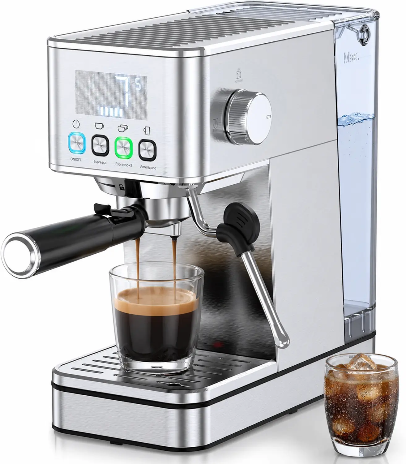 Espresso Machine 20Bar, Professional Semi-Automatic Coffee Maker, With Milk Frother Steam Wand, 57.5OZ Removable Water Tank, Displays Making Time & Water Temperature, Cold Brew & Cappuccino, Silver