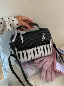 Fashion Colorblock PU Shoulder Crossbody Bag, Elegant Lace Trim Design, Piano Print Handbag, Casual Trendy Purse, Small Square Purse, Casual Handbag Satchel, Fashionable Unique Bags, Chic Crossbody Purse