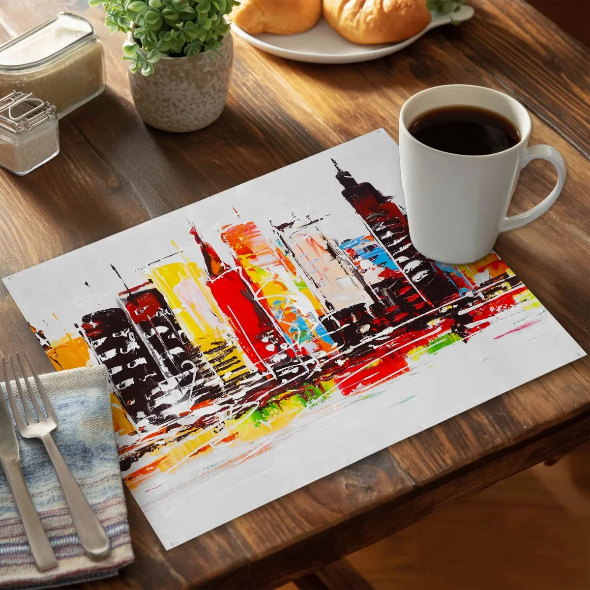 Modern Print 6-Piece Placemats & Coasters Set, 14"x18" Rectangle Polyester 360 Stand, Durable Lightweight, Easy-to-Transport Kitchenware for Family Home/Party Decor (C6PP14186RST2B)