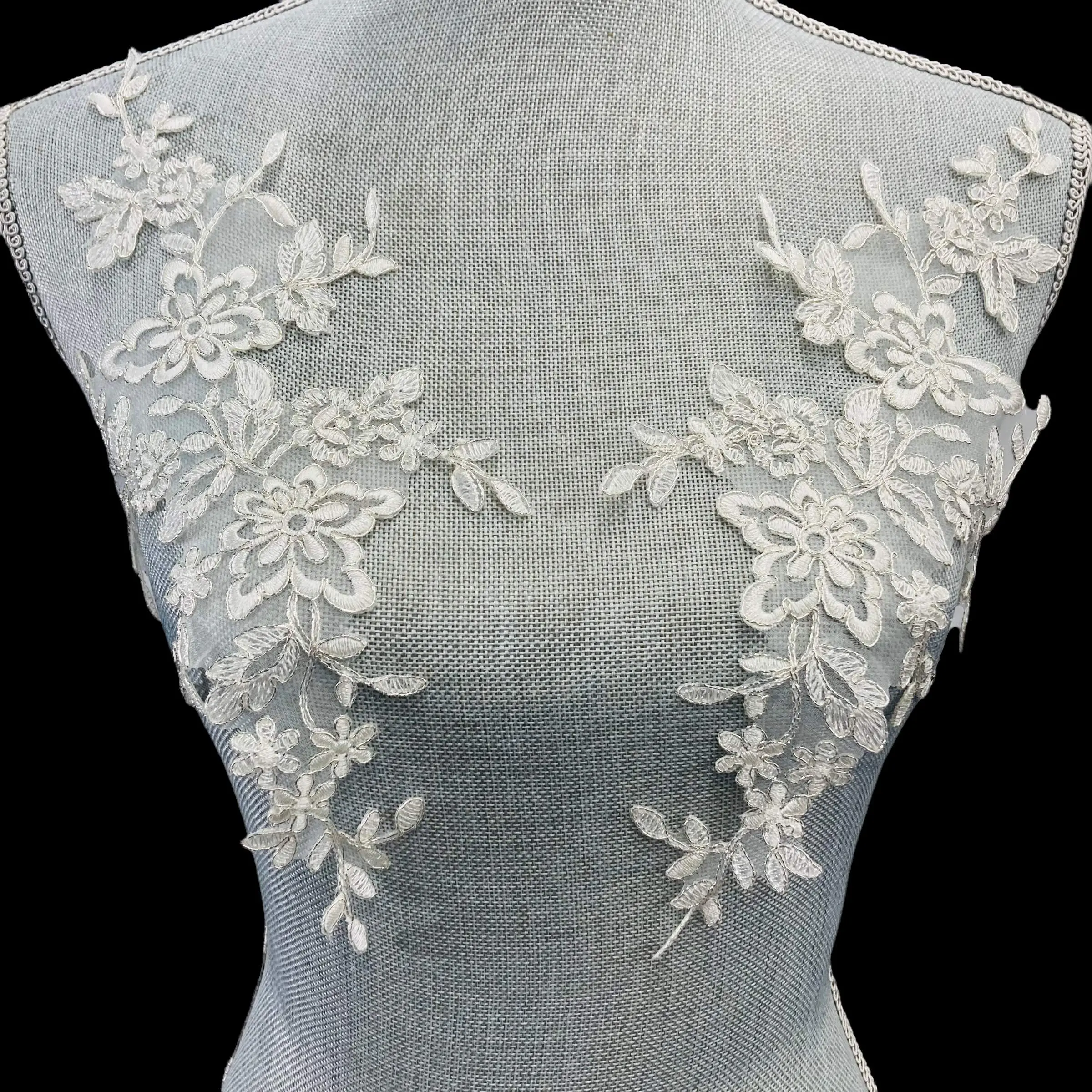Handmade Floral Motif Applique Pair Pack, 13x6 in Corded Organza Fabric Embellishment for Wedding Dresses, Brides’ Gowns & Flower Girl Attire, Christening, Organza Cloth, Corded Edge, Special Events, 1 Pair, 100% Polyester Organza