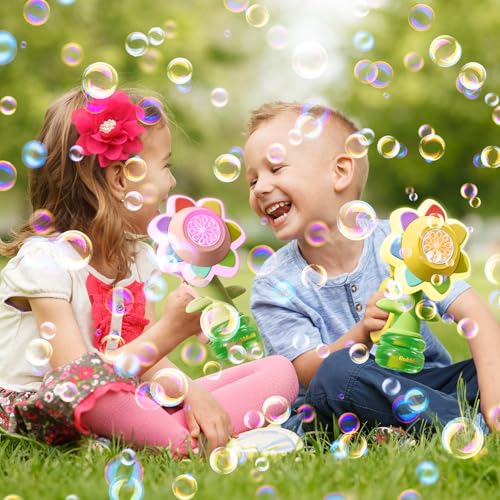 Rechargeable Flower Bubble Guns for Kids W/LED Lights & 10 Refill Solutions, Fun Swing Dance Bubble Maker Machine Blower Blaster Toys,Outdoor Summer Play, Easter, Birthday Party Favors & Gifts