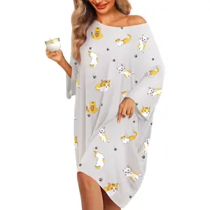 Women's Oversized Nightgown 3/4 Sleeve Sleepwear Cute Print Sleep Dress Casual Comfy Loungewear Pajama Shirt