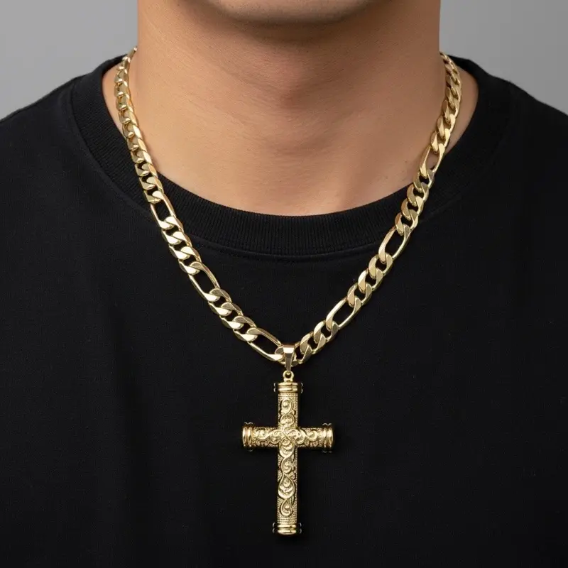 #322 14K Laminated High-Quality Cross Pendant, size 2.5in Long, with 24in Long 10mm Wide Figaro Chain