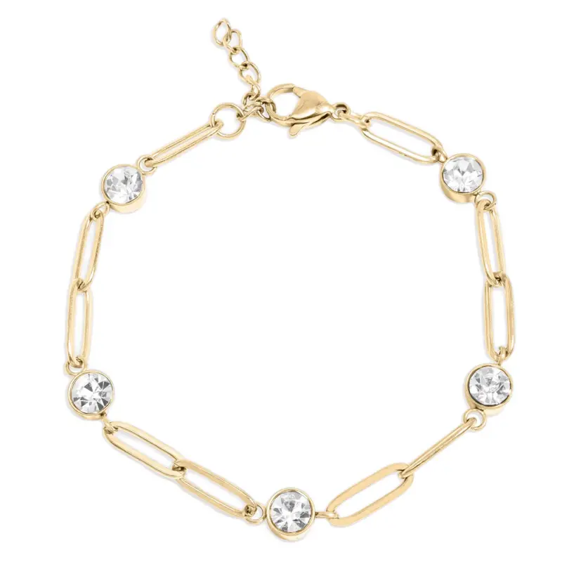 18K Gold PVD Stainless Steel Stone Paperclip Bracelet with Crystal Accents and Secure Clasp Design