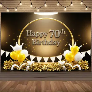 Luxurious 70th Happy Birthday Backdrop | Black & Gold Party Banner