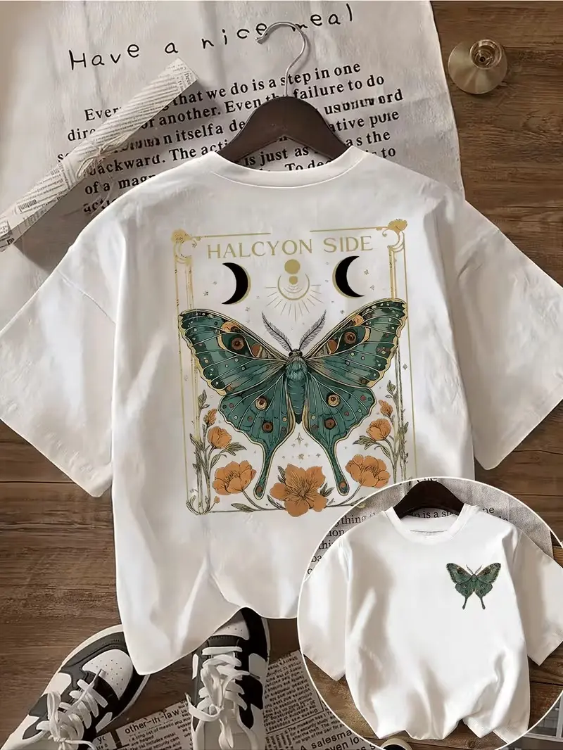 [Vintage Butterfly T-Shirt] Women's Vintage Butterfly Pattern Front and Back Print Fashion Casual Round And Pure Cotton Neck Short Sleeve T-shirt
