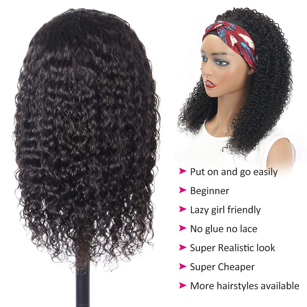 Headband Wig Human Hair Deep Wave 18 inch None Lace Front Wig Human Hair Machine Made Wigs Glueless Curly Hair Headband Half Wigs for Black Women Human Hair Natural Color