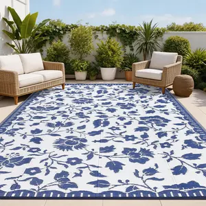Large Floral Outdoor Rug Patio Rugs Outdoor Waterproof, Vintage Reversible Plastic Straw Camping Rug Foldable Outside Carpet for Backyard Deck Balcony Porch Beach Trailer, Navy＆White