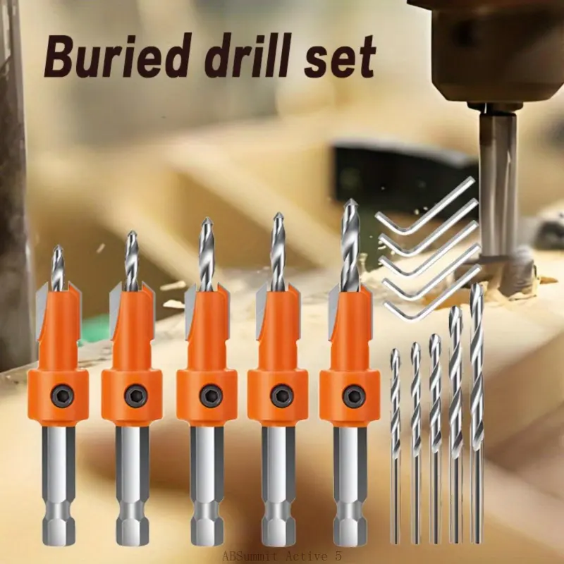 Woodworking Countersink Drill Bit Set 5Pcs Round Shank Conical Sizes, Drill Counterbore Router Bits for Screw, Hole Drilling & Opening Tools - Home Improvement.ABSummit Active
