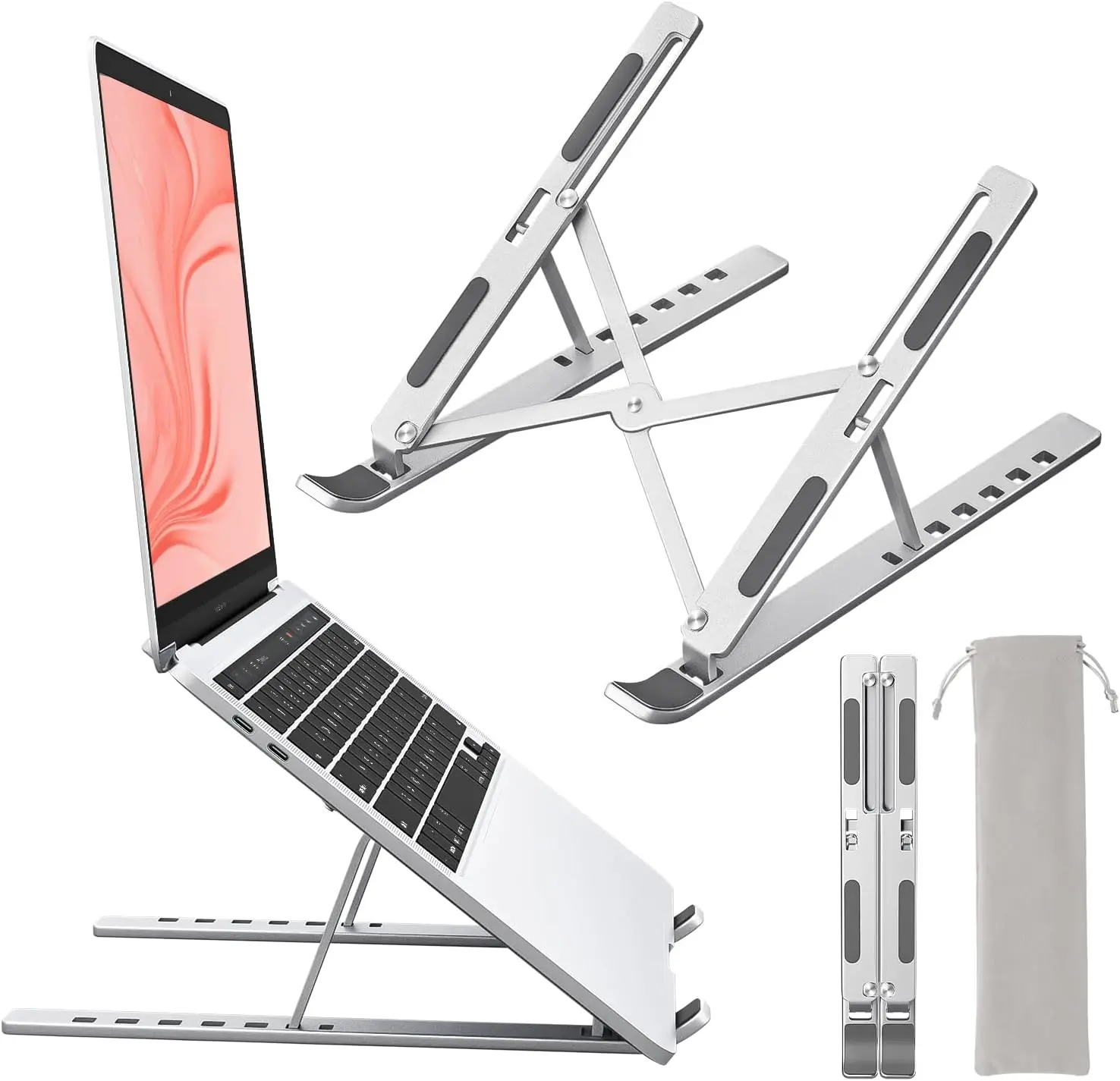 Laptop Stand for Desk, Aluminum Metal MacBook Stand, Foldable Adjustable Computer Riser, Computer Riser for Desk, Portable Foldable Adjustable Notebook Holder, Compatible with 10-15.6 Inch Laptops, iPad, Silver.