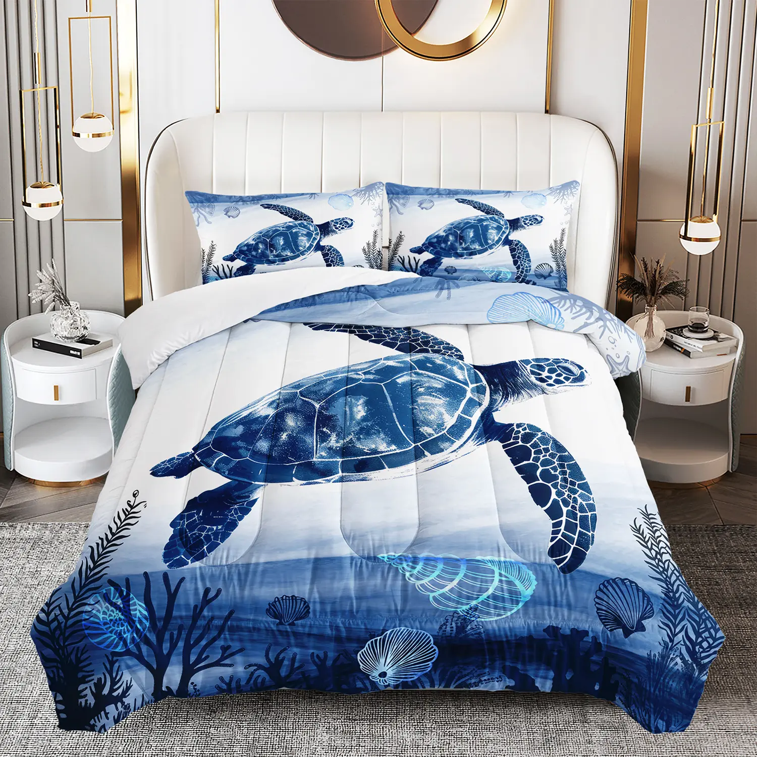 Girls' 3-Piece Queen Sea Turtle Animal Print Lightweight Microfiber Duvet Set, Blue Beach Motif Coastal Bedding, Cozy Aesthetic All-Season Soft Machine-Washable Quilt with 2 Pillowcases, Adults' Bedroom Decor Gift, Animals