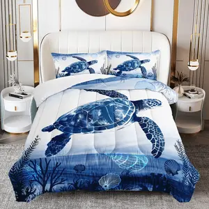 3pcs Ocean Sea Turtle Comforter Set, Blue Duvet Set for Girls and Adults Bedroom or Guest Room Decor, Lightweight Soft All Seasons Comforter Machine Washable Microfiber Quilt with 2 Pillowcases , Gifts for the Family
