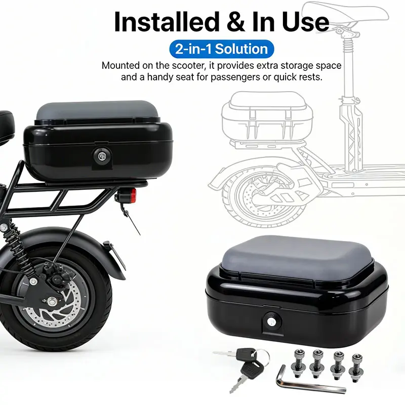 Electric Scooter Trunk, Bicycle/Scooter Storage Box, Heavy-Duty Storage Box, Passenger-Carrying Storage Box, Includes Mounting Base and Accessories, Easy to Install, Universal Accessory, DIY Scooter Storage Box