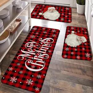 2/3pcs Christmas Kitchen Carpet Floor Mat, Retro Buffalo Grid Santa Claus Snowflake Pattern Non slip Floor Mat, Checkered Rug, Checkered area rug, Suitable for holiday kitchens, entrance doors, bathrooms, living rooms, Christmas decoration floor mats